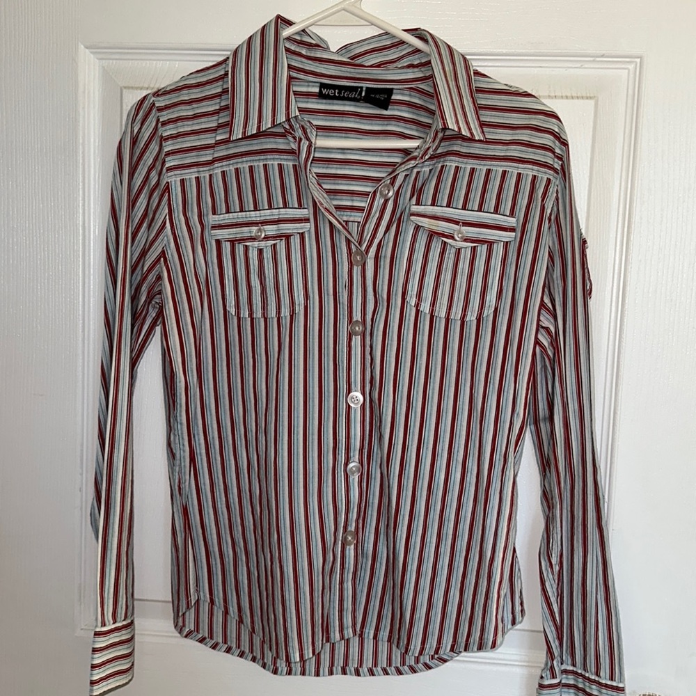 Wet Seal Striped Button Long Sleeve Shirt